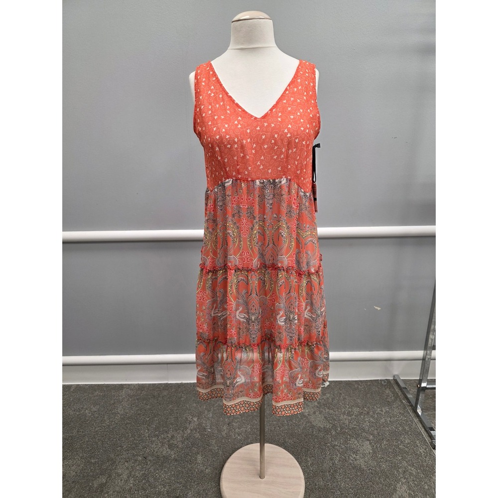 Skye's The Limit Womens Coral Orange Paisley Mixed Print Tiered Midi Dress L